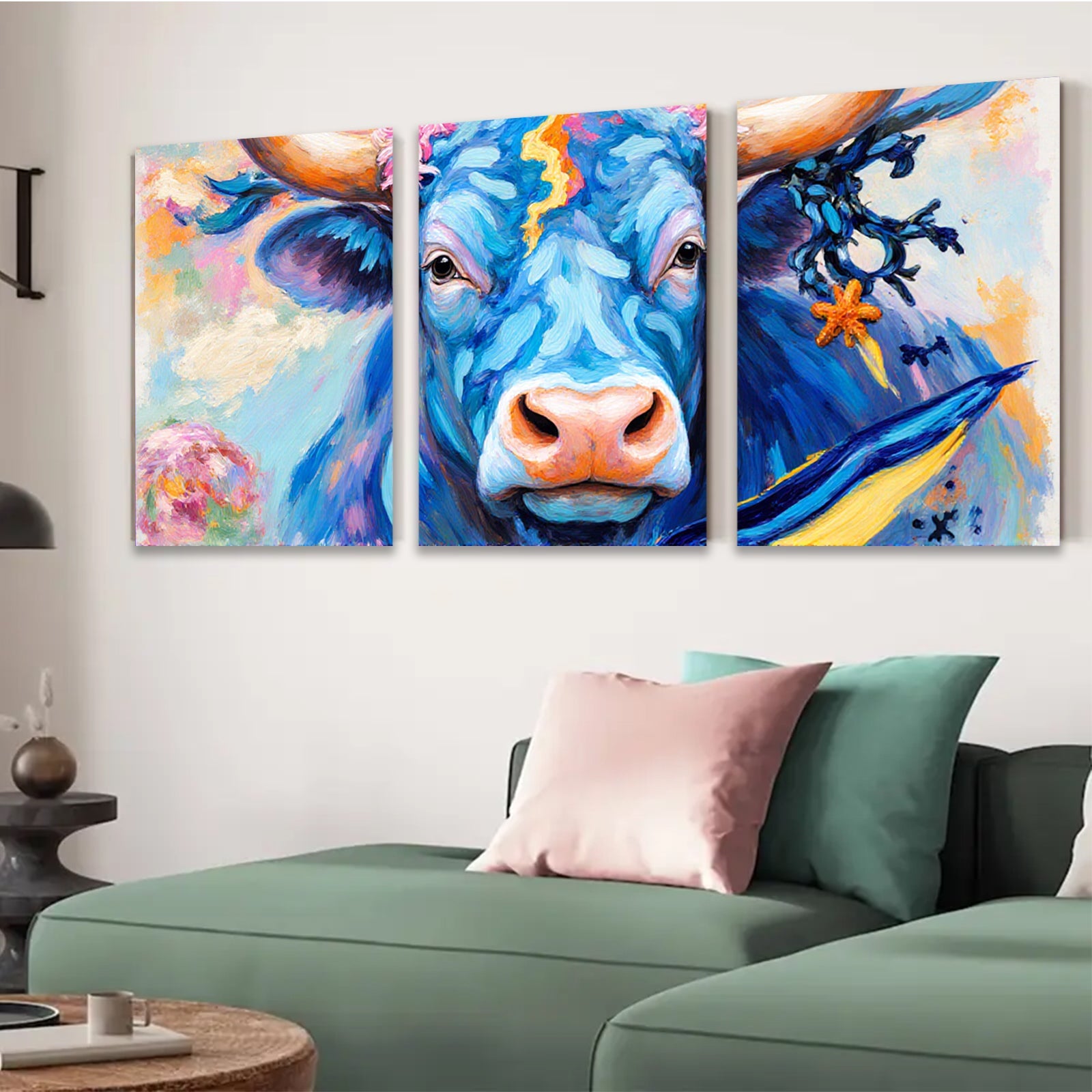 2D flat 1pc Majestic Blue Bull Portrait Farm Animal Wall Art Canvas Prints for Living Room Bedroom Decor Modern Farmhouse Style Gallery Wrapped Timeless