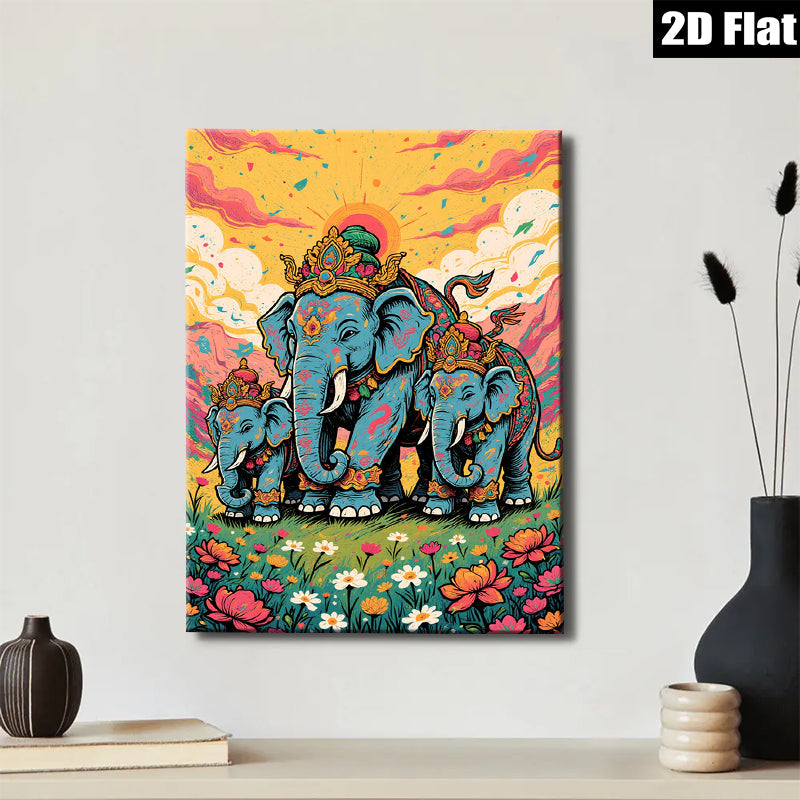 2D flat 1pc Majestic Blue Elephant Family Portrait Wall Art Canvas Prints for Living Room Bedroom Home Decor Farmhouse Style Gallery Wrapped Modern Art