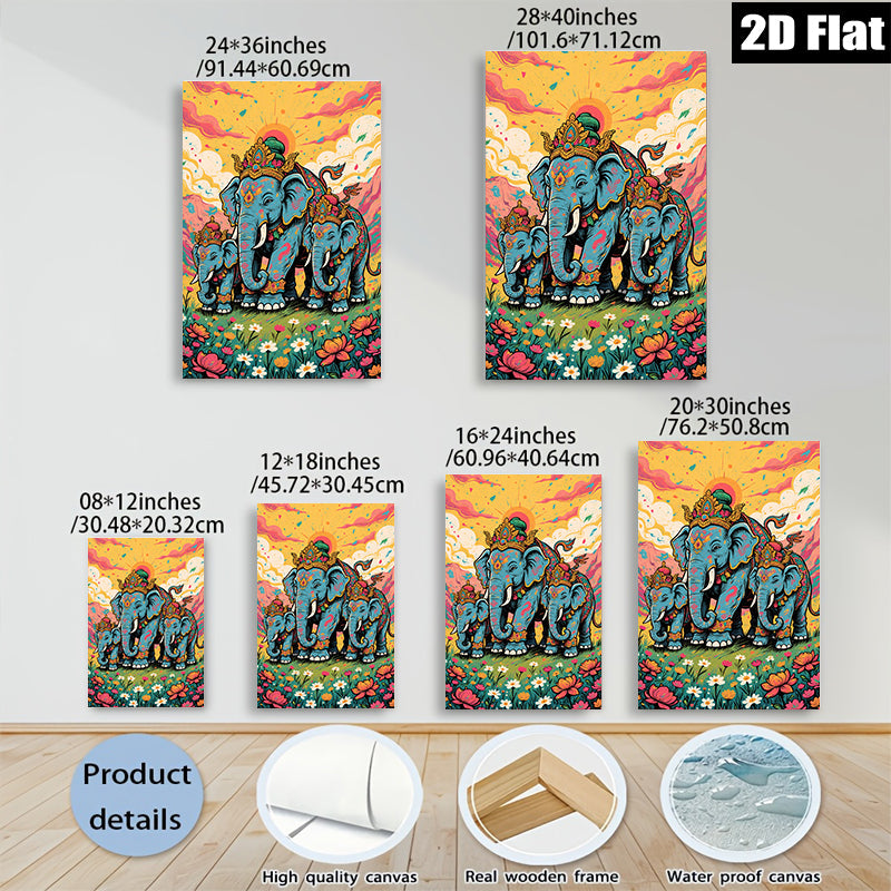 2D flat 1pc Majestic Blue Elephant Family Portrait Wall Art Canvas Prints for Living Room Bedroom Home Decor Farmhouse Style Gallery Wrapped Modern Art