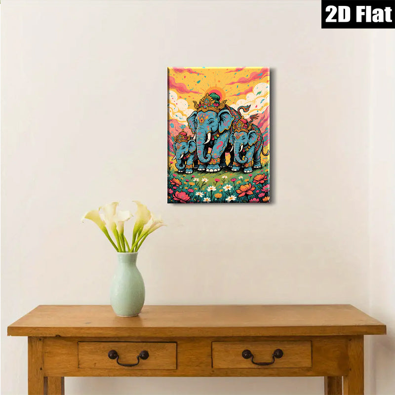 2D flat 1pc Majestic Blue Elephant Family Portrait Wall Art Canvas Prints for Living Room Bedroom Home Decor Farmhouse Style Gallery Wrapped Modern Art