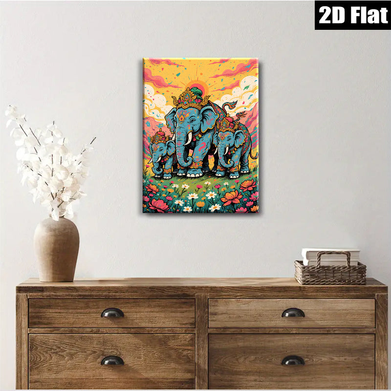 2D flat 1pc Majestic Blue Elephant Family Portrait Wall Art Canvas Prints for Living Room Bedroom Home Decor Farmhouse Style Gallery Wrapped Modern Art