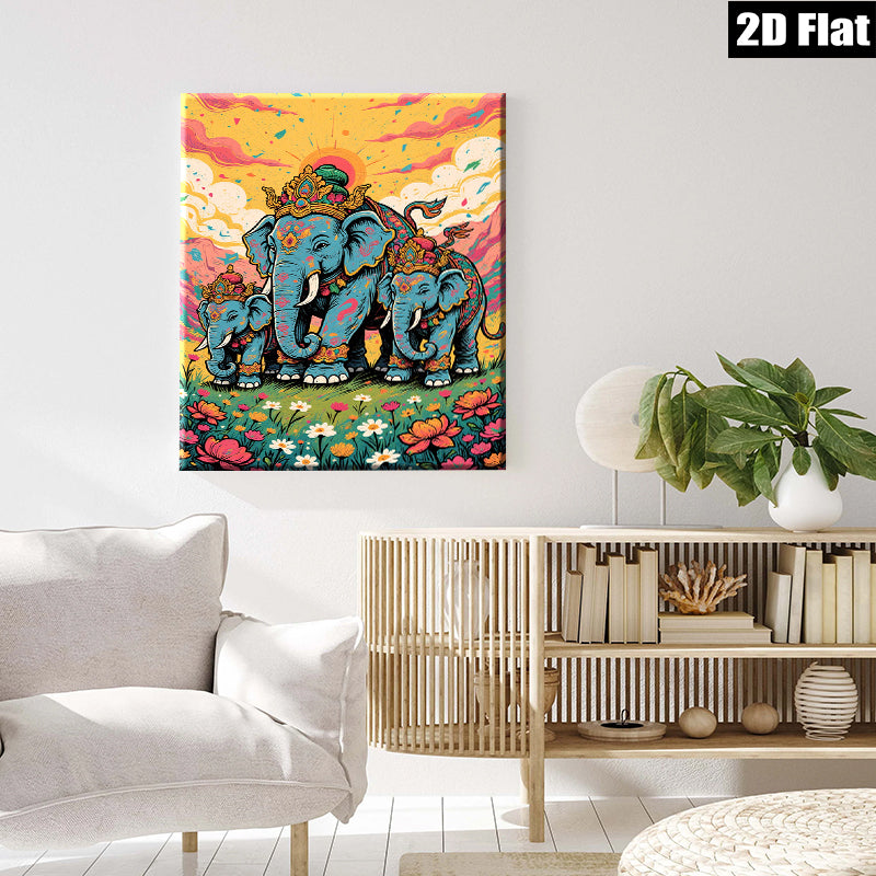 2D flat 1pc Majestic Blue Elephant Family Portrait Wall Art Canvas Prints for Living Room Bedroom Home Decor Farmhouse Style Gallery Wrapped Modern Art