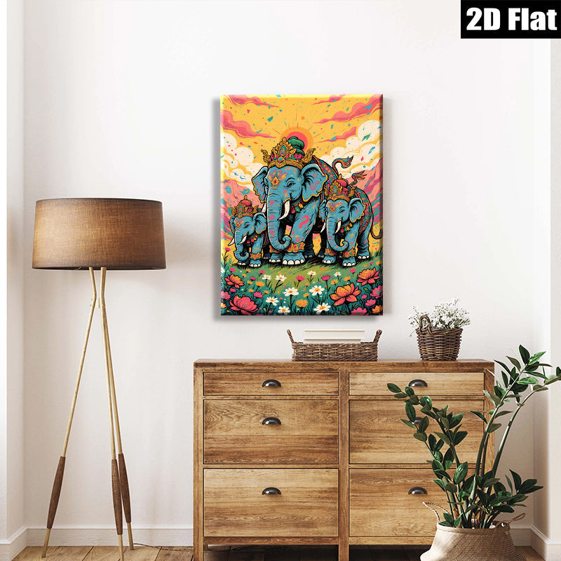 2D flat 1pc Majestic Blue Elephant Family Portrait Wall Art Canvas Prints for Living Room Bedroom Home Decor Farmhouse Style Gallery Wrapped Modern Art