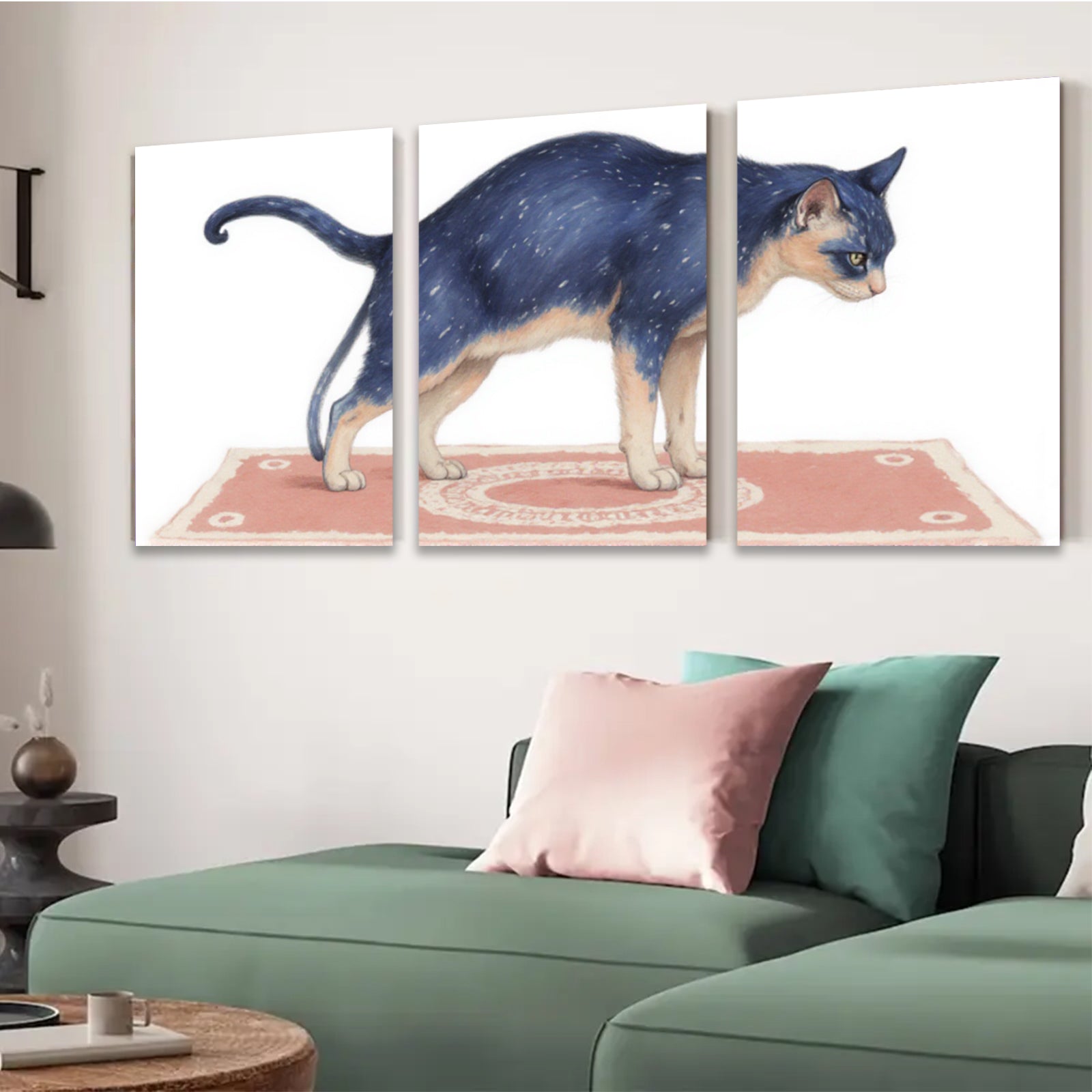 2D flat 1pc Majestic Blue Tabby Cat on Rug Farmhouse Wall Art Living Room Bedroom Decor Gallery Wrapped Canvas Prints for Home Decoration Modern Stylish Artwork