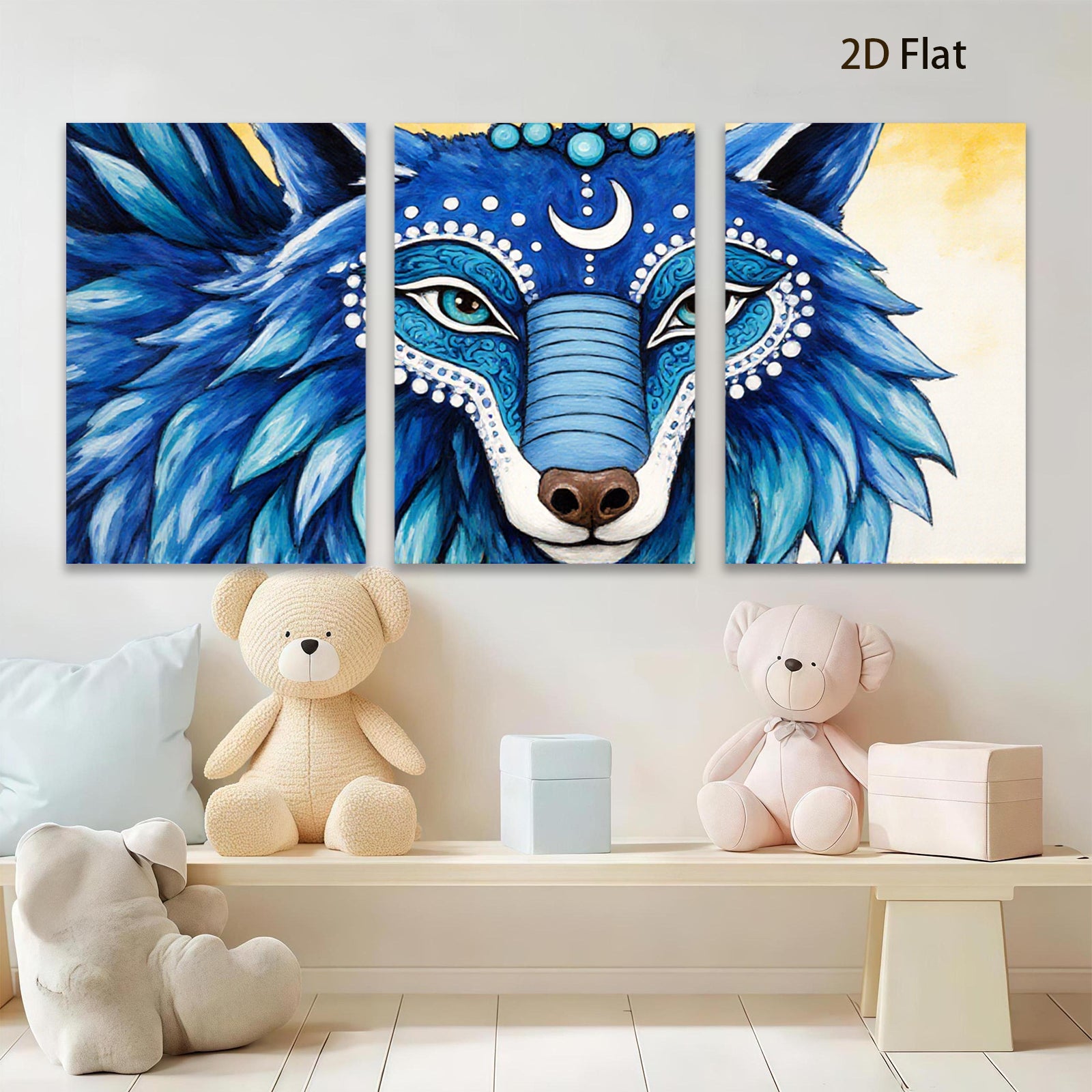 2D flat 1pc Majestic Blue Wolf Portrait Wall Art Canvas Prints Bohemian Decor Living Room Bedroom Modern Farmhouse Gallery Wrapped Teal Artwork