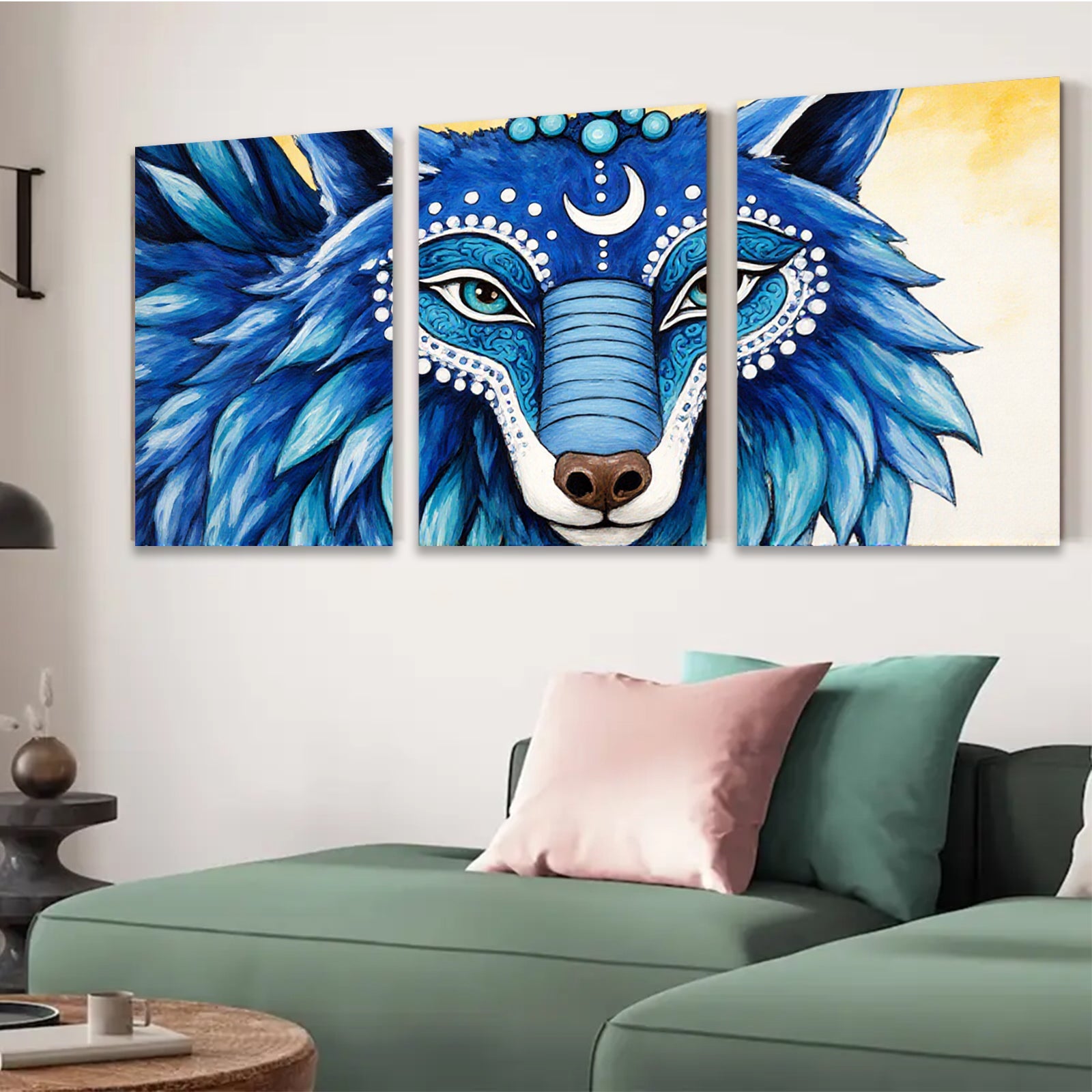 2D flat 1pc Majestic Blue Wolf Portrait Wall Art Canvas Prints Bohemian Decor Living Room Bedroom Modern Farmhouse Gallery Wrapped Teal Artwork