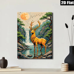 2D flat 1pc Majestic Buck by Waterfall serene forest landscape wall art canvas prints for living room bedroom home decor farmhouse style