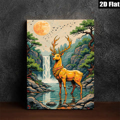 2D flat 1pc Majestic Buck by Waterfall serene forest landscape wall art canvas prints for living room bedroom home decor farmhouse style