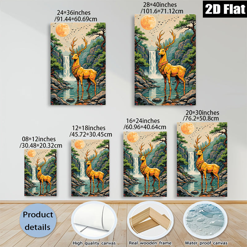 2D flat 1pc Majestic Buck by Waterfall serene forest landscape wall art canvas prints for living room bedroom home decor farmhouse style
