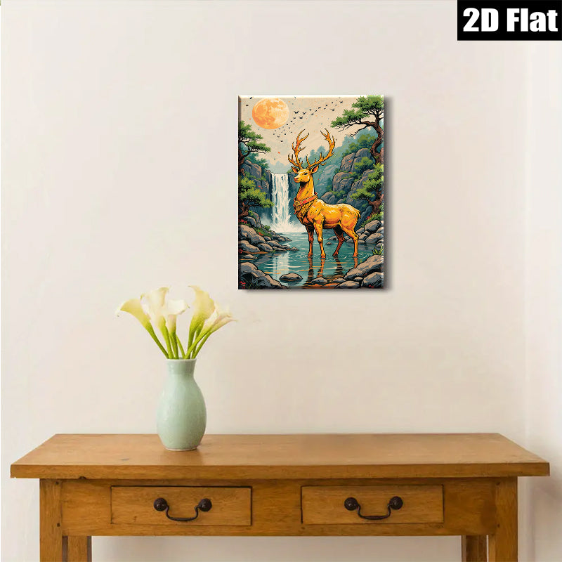 2D flat 1pc Majestic Buck by Waterfall serene forest landscape wall art canvas prints for living room bedroom home decor farmhouse style