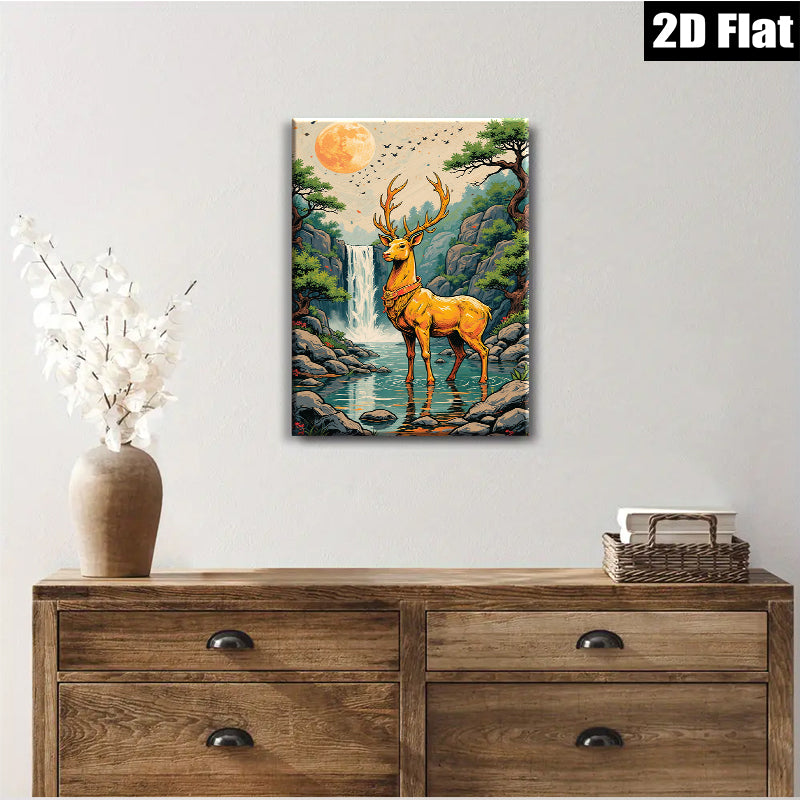 2D flat 1pc Majestic Buck by Waterfall serene forest landscape wall art canvas prints for living room bedroom home decor farmhouse style