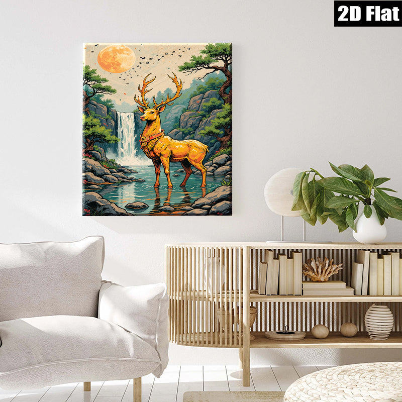 2D flat 1pc Majestic Buck by Waterfall serene forest landscape wall art canvas prints for living room bedroom home decor farmhouse style