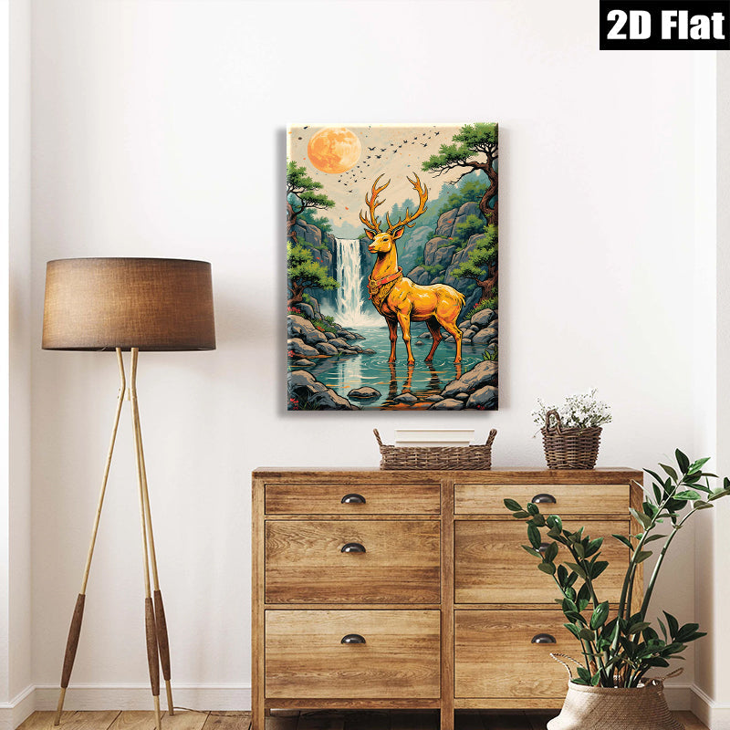 2D flat 1pc Majestic Buck by Waterfall serene forest landscape wall art canvas prints for living room bedroom home decor farmhouse style