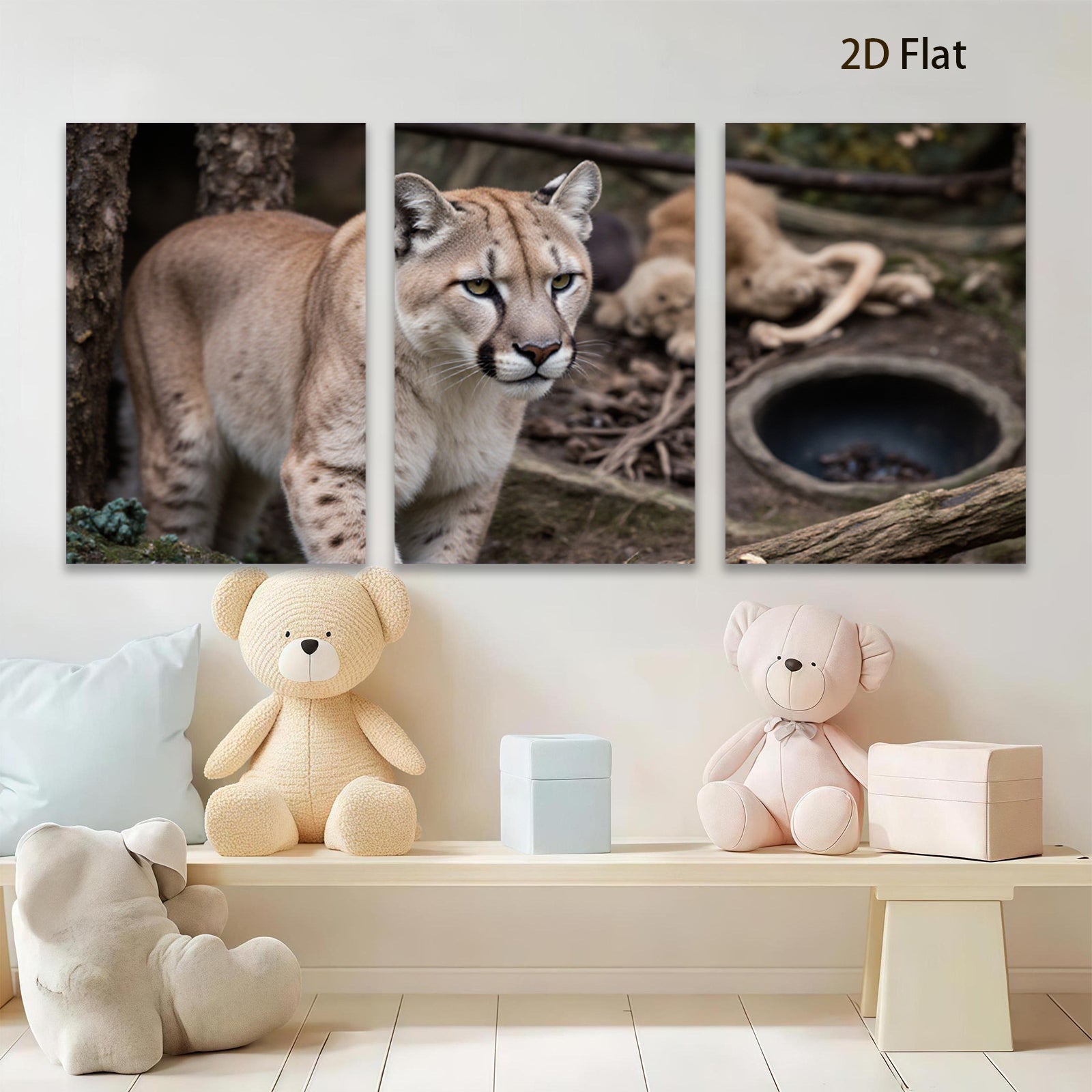 2D flat 1pc Majestic Cougar Wildlife Portrait Canvas Wall Art For Living Room Bedroom Decor Farmhouse Style Modern Gallery Wrapped Prints Teal Blue Gray