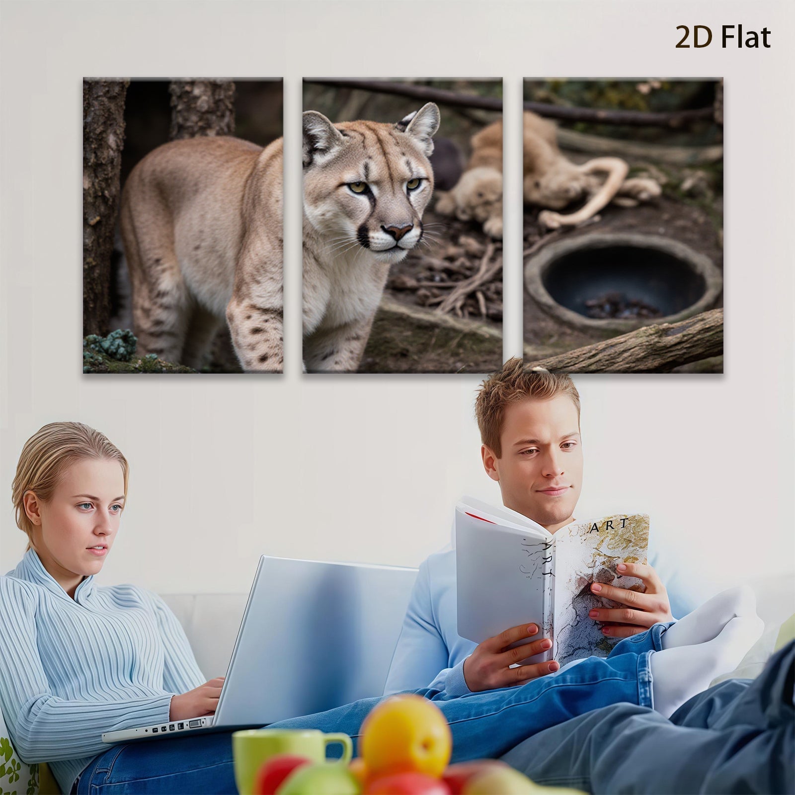 2D flat 1pc Majestic Cougar Wildlife Portrait Canvas Wall Art For Living Room Bedroom Decor Farmhouse Style Modern Gallery Wrapped Prints Teal Blue Gray