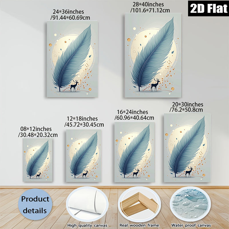 2D flat 1pc Majestic Deer Feather Wall Art Botanical Decor Living Room Bedroom Modern Farmhouse Gallery Wrapped Canvas Prints for Home Decor