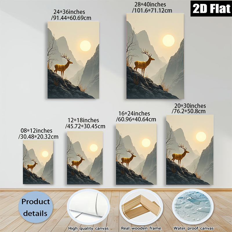 2D flat 1pc Majestic Deer Silhouette Mountain Landscape Wall Art for Living Room Bedroom Home Decor Farmhouse Rustic Modern Gallery Wrapped Canvas Prints