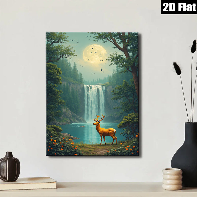 2D flat 1pc Majestic Deer by Waterfall Forest Canvas Wall Art Living Room Bedroom Home Decor Modern Farmhouse Rustic Style Gallery Wrapped Prints Ready to Hang