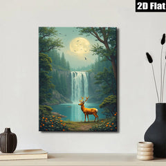 2D flat 1pc Majestic Deer by Waterfall Forest Canvas Wall Art Living Room Bedroom Home Decor Modern Farmhouse Rustic Style Gallery Wrapped Prints Ready to Hang
