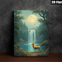2D flat 1pc Majestic Deer by Waterfall Forest Canvas Wall Art Living Room Bedroom Home Decor Modern Farmhouse Rustic Style Gallery Wrapped Prints Ready to Hang