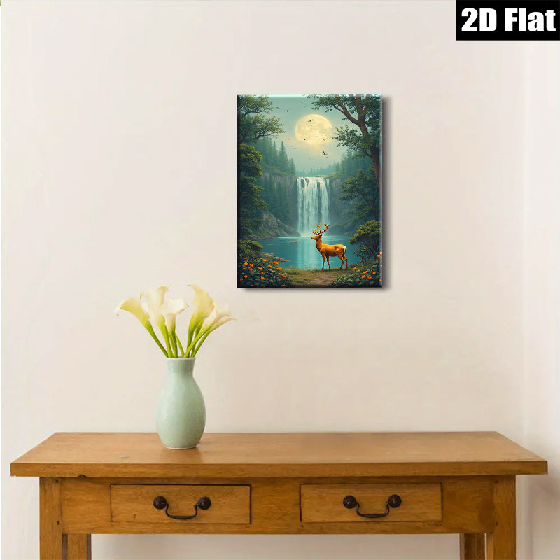 2D flat 1pc Majestic Deer by Waterfall Forest Canvas Wall Art Living Room Bedroom Home Decor Modern Farmhouse Rustic Style Gallery Wrapped Prints Ready to Hang