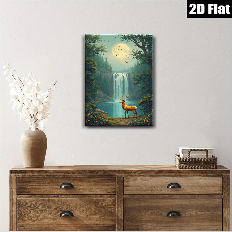 2D flat 1pc Majestic Deer by Waterfall Forest Canvas Wall Art Living Room Bedroom Home Decor Modern Farmhouse Rustic Style Gallery Wrapped Prints Ready to Hang