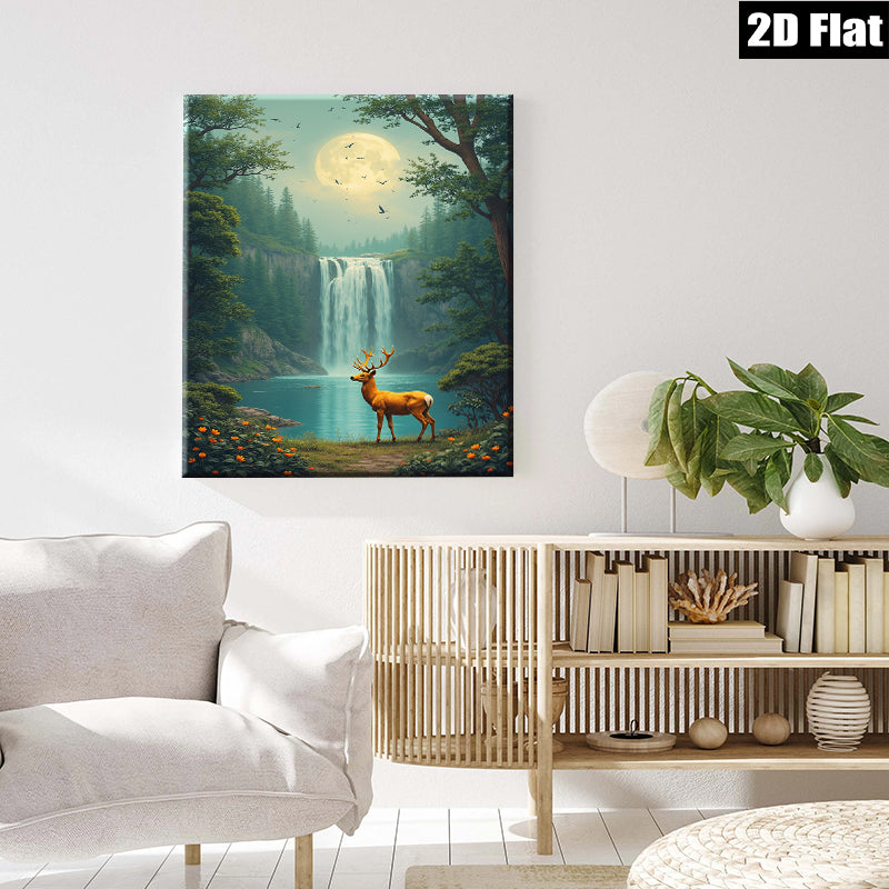 2D flat 1pc Majestic Deer by Waterfall Forest Canvas Wall Art Living Room Bedroom Home Decor Modern Farmhouse Rustic Style Gallery Wrapped Prints Ready to Hang