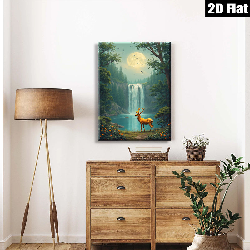 2D flat 1pc Majestic Deer by Waterfall Forest Canvas Wall Art Living Room Bedroom Home Decor Modern Farmhouse Rustic Style Gallery Wrapped Prints Ready to Hang