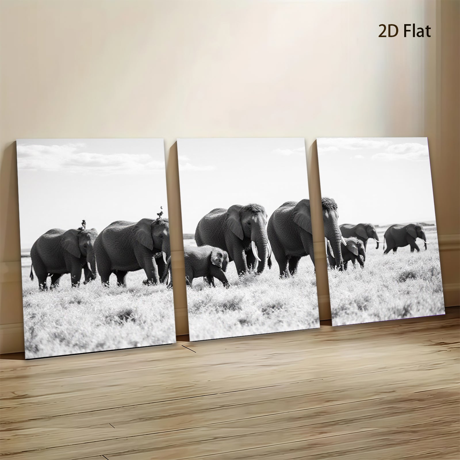 2D flat 1pc Majestic Elephant Family Crossing Savannah Grassland Wall Art Prints for Living Room Bedroom Modern Farmhouse Decor Gallery Wrapped Canvas Prints