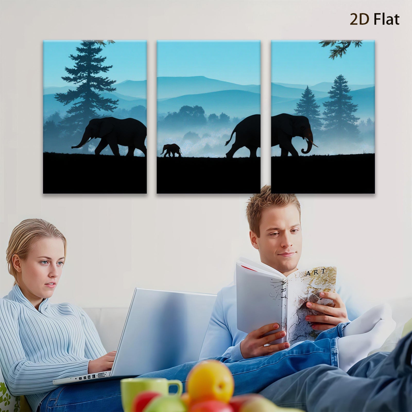 2D flat 1pc Majestic Elephant Family Silhouette Canvas Wall Art for Living Room Bedroom Home Decor Farmhouse Style Gallery Wrapped Ready to Hang