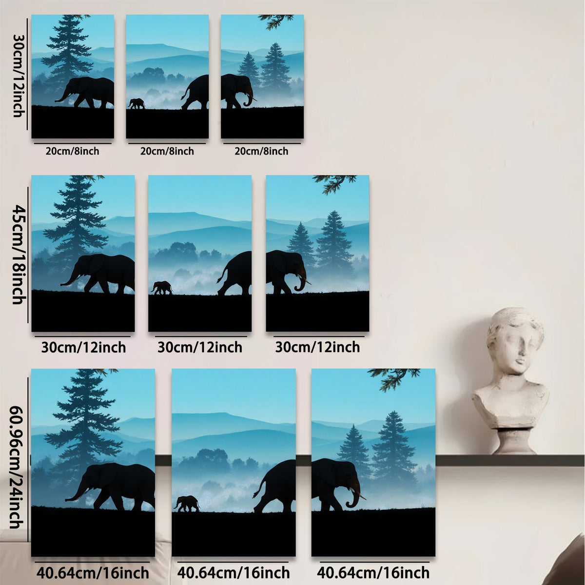2D flat 1pc Majestic Elephant Family Silhouette Canvas Wall Art for Living Room Bedroom Home Decor Farmhouse Style Gallery Wrapped Ready to Hang