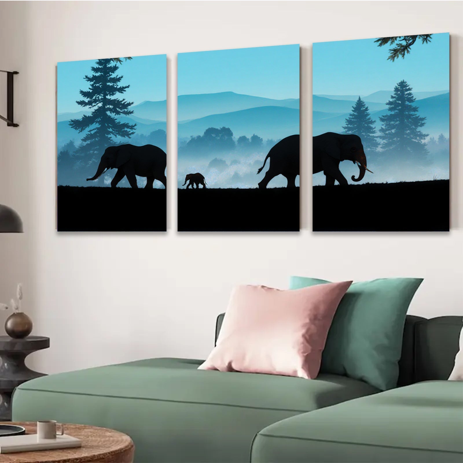 2D flat 1pc Majestic Elephant Family Silhouette Canvas Wall Art for Living Room Bedroom Home Decor Farmhouse Style Gallery Wrapped Ready to Hang