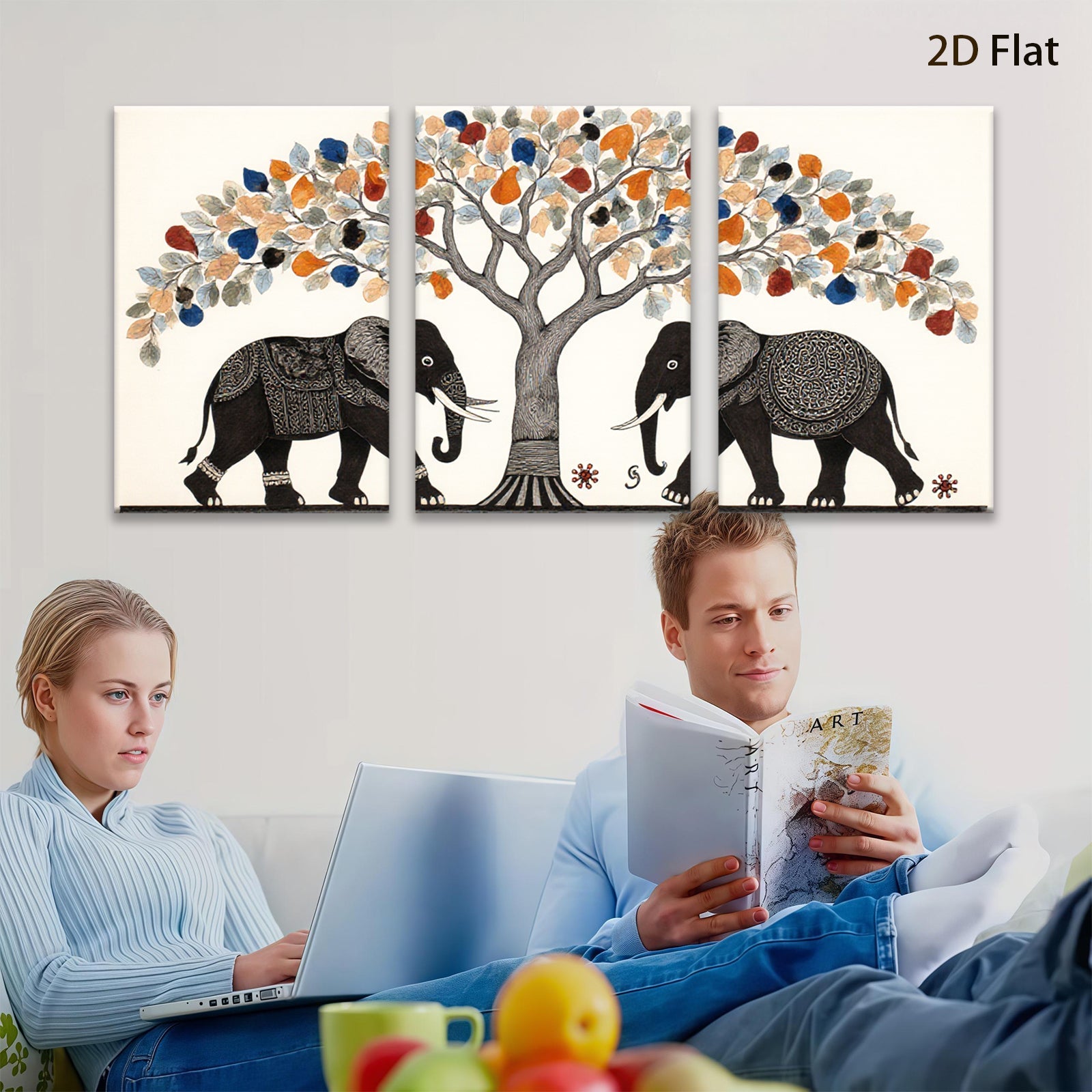 2D flat 1pc Majestic Elephant Pair Under Blooming Tree Wall Art Decor Living Room Bedroom Gallery Wrapped Canvas Prints Modern Farmhouse Style Home Decorations
