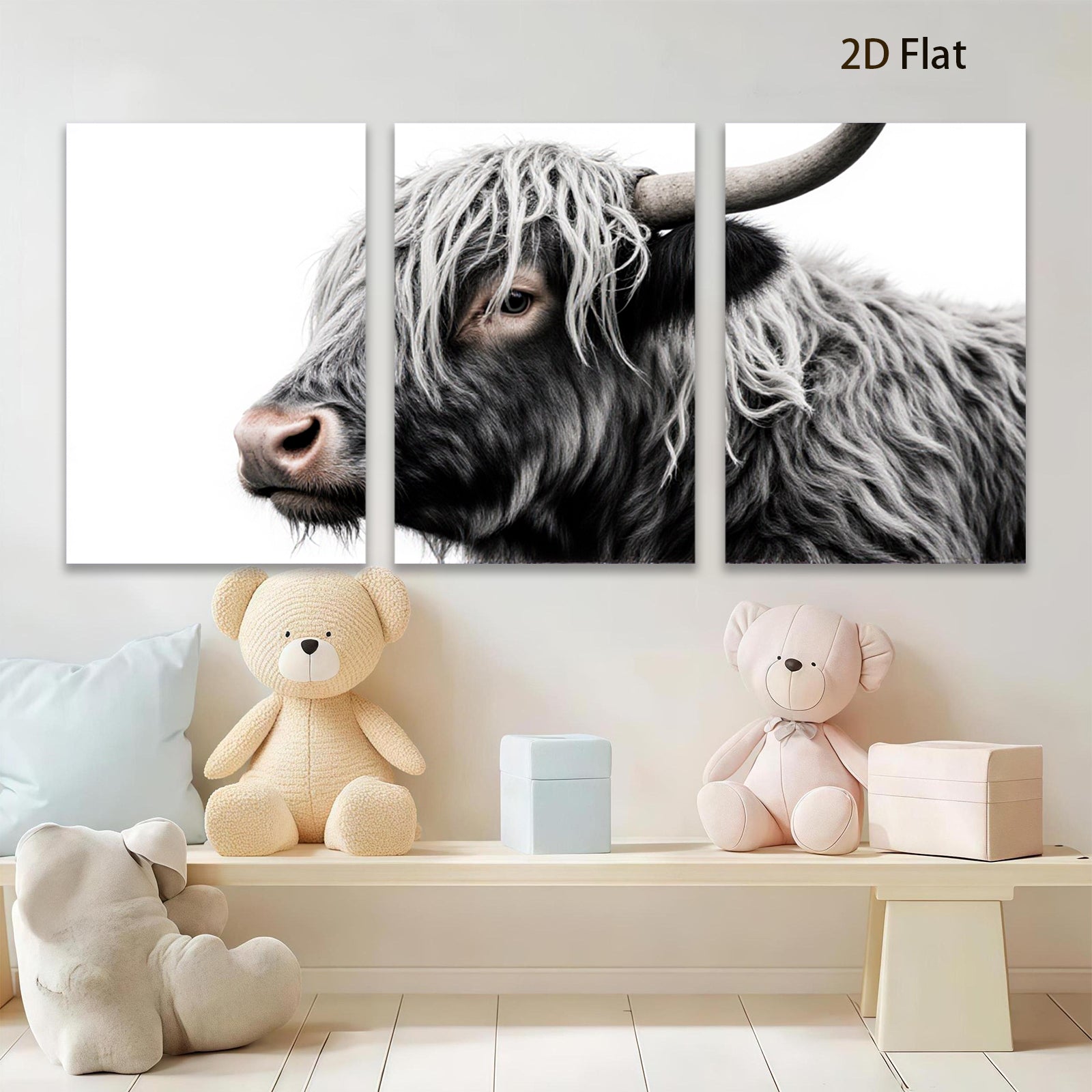 2D flat 1pc Majestic Highland Cow Portrait Farm Animal Wall Art Decor Living Room Bedroom Rustic Modern Gallery Wrapped Canvas Prints for Home Office Cozy Farmhouse Style