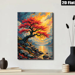 2D flat 1pc Majestic Lakeside Red Tree Canvas Wall Art for Living Room Bedroom Home Decor Gallery Wrapped Modern Farmhouse Style Coastal Aesthetic