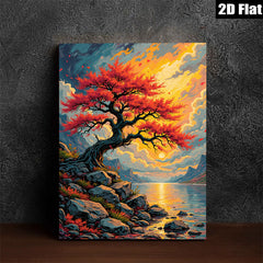 2D flat 1pc Majestic Lakeside Red Tree Canvas Wall Art for Living Room Bedroom Home Decor Gallery Wrapped Modern Farmhouse Style Coastal Aesthetic