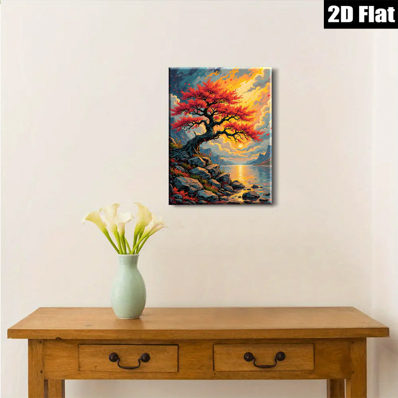 2D flat 1pc Majestic Lakeside Red Tree Canvas Wall Art for Living Room Bedroom Home Decor Gallery Wrapped Modern Farmhouse Style Coastal Aesthetic