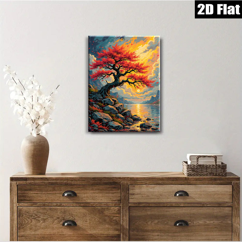 2D flat 1pc Majestic Lakeside Red Tree Canvas Wall Art for Living Room Bedroom Home Decor Gallery Wrapped Modern Farmhouse Style Coastal Aesthetic