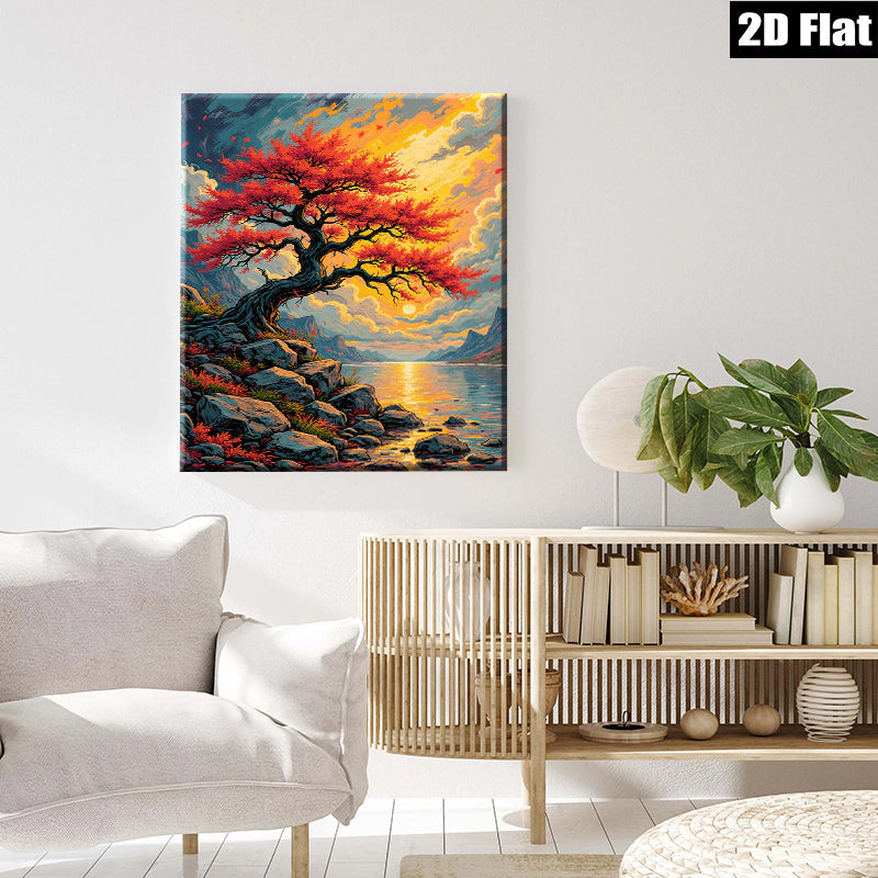 2D flat 1pc Majestic Lakeside Red Tree Canvas Wall Art for Living Room Bedroom Home Decor Gallery Wrapped Modern Farmhouse Style Coastal Aesthetic