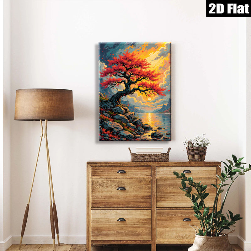 2D flat 1pc Majestic Lakeside Red Tree Canvas Wall Art for Living Room Bedroom Home Decor Gallery Wrapped Modern Farmhouse Style Coastal Aesthetic