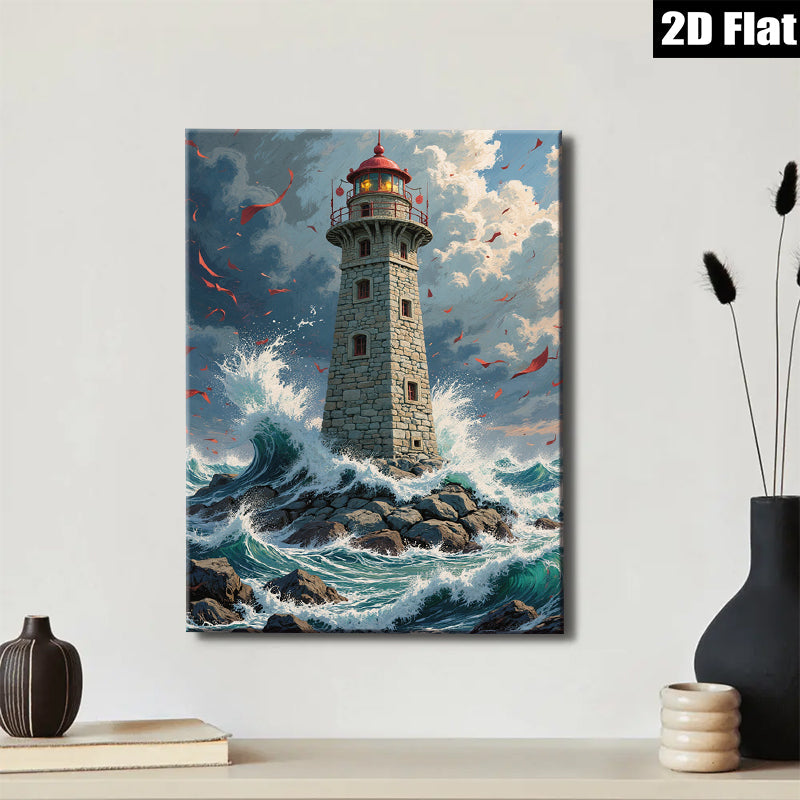2D flat 1pc Majestic Lighthouse Stormy Seas Coastal Wall Decor Living Room Bedroom Canvas Art Prints Framed Ready to Hang Modern Farmhouse Rustic Beach Theme Home Decorations