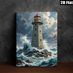 2D flat 1pc Majestic Lighthouse Stormy Seas Coastal Wall Decor Living Room Bedroom Canvas Art Prints Framed Ready to Hang Modern Farmhouse Rustic Beach Theme Home Decorations