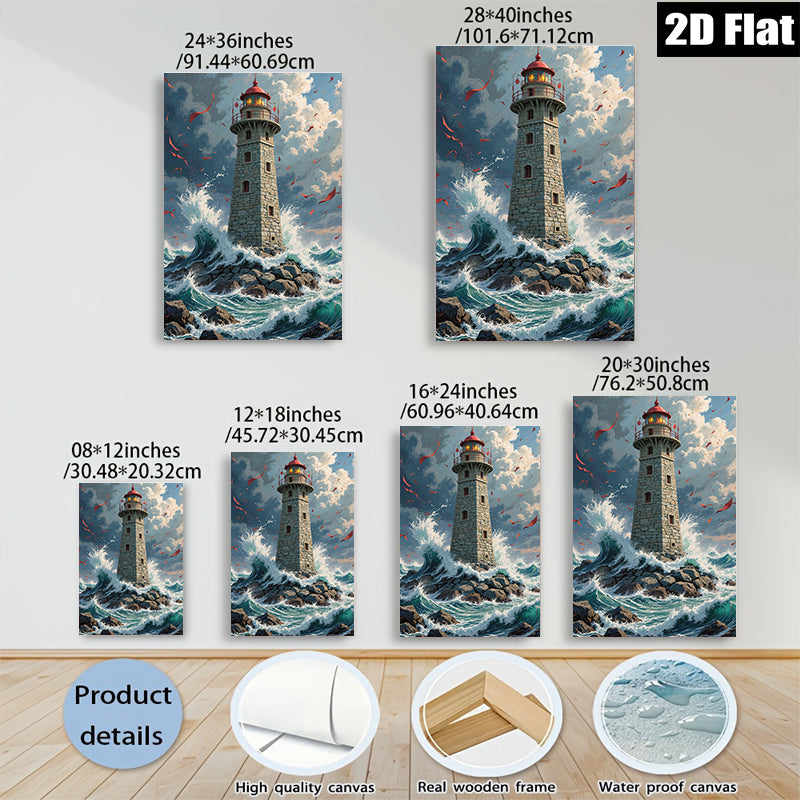 2D flat 1pc Majestic Lighthouse Stormy Seas Coastal Wall Decor Living Room Bedroom Canvas Art Prints Framed Ready to Hang Modern Farmhouse Rustic Beach Theme Home Decorations