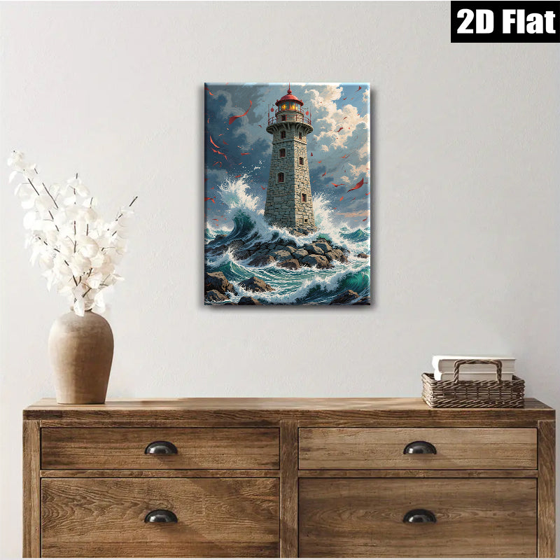 2D flat 1pc Majestic Lighthouse Stormy Seas Coastal Wall Decor Living Room Bedroom Canvas Art Prints Framed Ready to Hang Modern Farmhouse Rustic Beach Theme Home Decorations