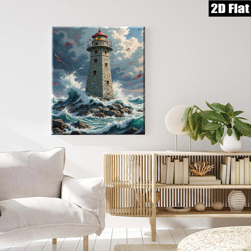 2D flat 1pc Majestic Lighthouse Stormy Seas Coastal Wall Decor Living Room Bedroom Canvas Art Prints Framed Ready to Hang Modern Farmhouse Rustic Beach Theme Home Decorations