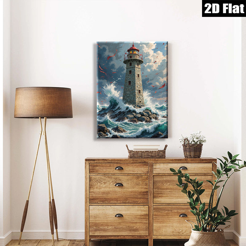 2D flat 1pc Majestic Lighthouse Stormy Seas Coastal Wall Decor Living Room Bedroom Canvas Art Prints Framed Ready to Hang Modern Farmhouse Rustic Beach Theme Home Decorations