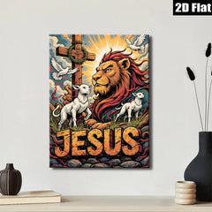 2D flat 1pc Majestic Lion Christ with Lambs Spiritual Wall Art Decor for Living Room Bedroom Gallery Wrapped Canvas Prints Home Décor Farmhouse Style