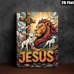 2D flat 1pc Majestic Lion Christ with Lambs Spiritual Wall Art Decor for Living Room Bedroom Gallery Wrapped Canvas Prints Home Décor Farmhouse Style