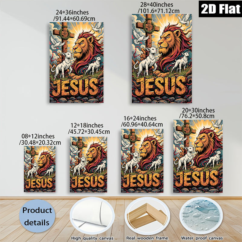 2D flat 1pc Majestic Lion Christ with Lambs Spiritual Wall Art Decor for Living Room Bedroom Gallery Wrapped Canvas Prints Home Décor Farmhouse Style