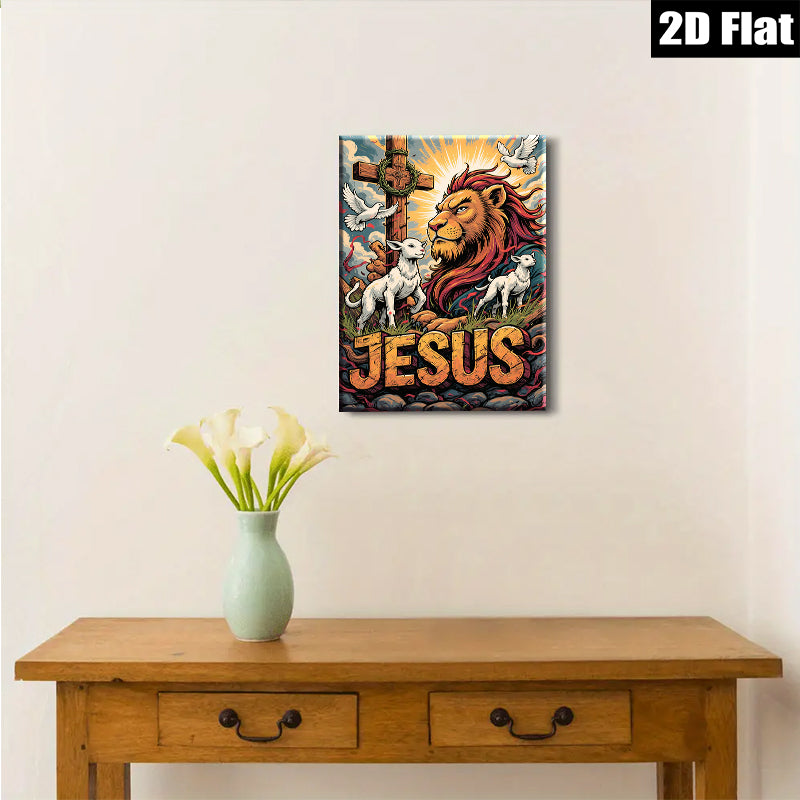 2D flat 1pc Majestic Lion Christ with Lambs Spiritual Wall Art Decor for Living Room Bedroom Gallery Wrapped Canvas Prints Home Décor Farmhouse Style
